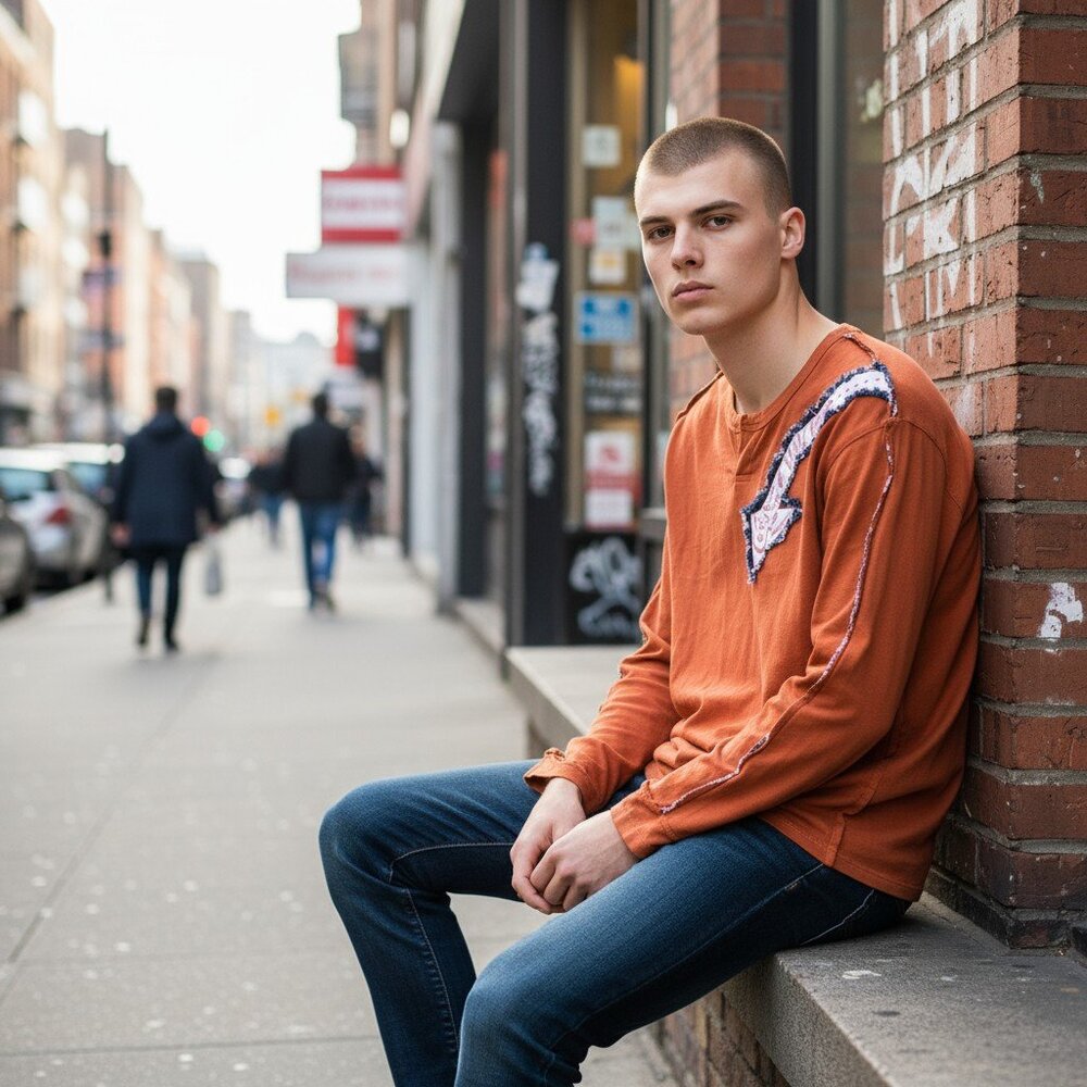 Italian Men’s Long Sleeve Shirt by Florons – Size S – Rust Orange with Graphic
